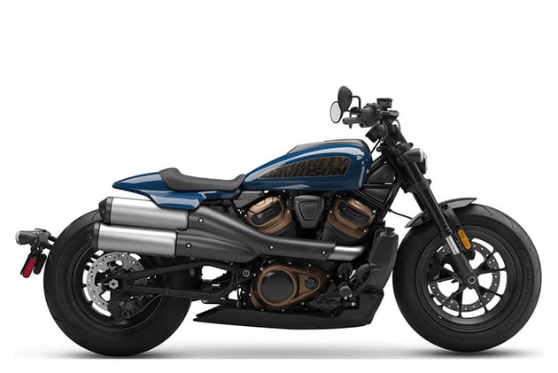 Showroom photo of a 2023 Harley-Davidson Sportster S in blue and gold color scheme.