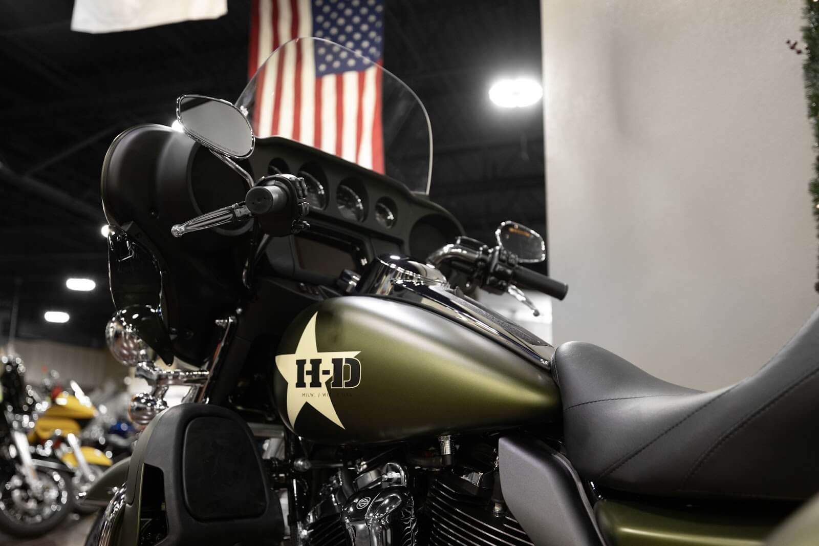 Motorcycle rides: Close-up of Army Green Harley Davidson gas tank decals