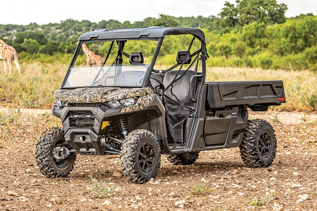 2020 Camo Can-Am Defender Parked on Rocky Trail 