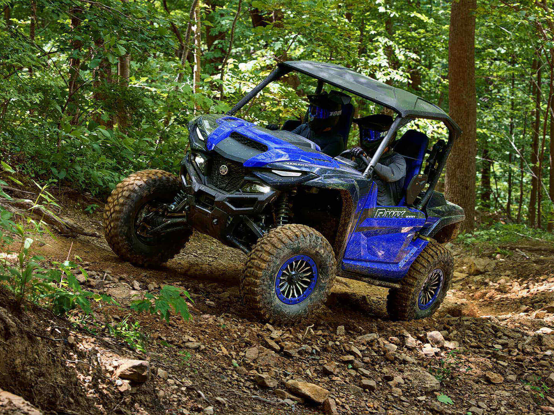 Royal Blue 2023 Yamaha Wolverine RMAX2 1000 Sport Side-by-Side Trail Riding in Forest Dirt Trail