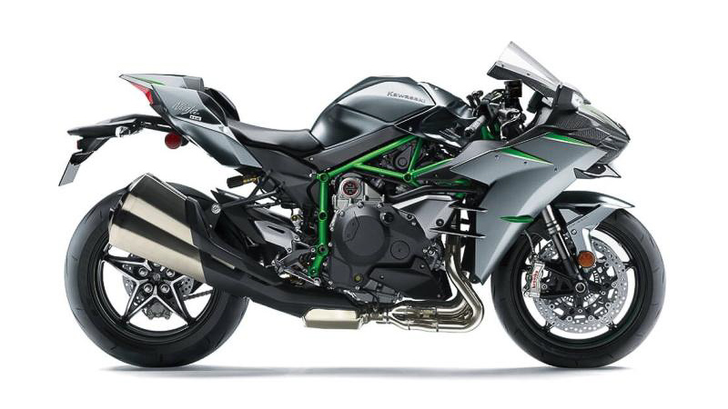 The Kawasaki H2 Carbon is a super bike in their 2021 lineup. It features grey and neon green fairings. 