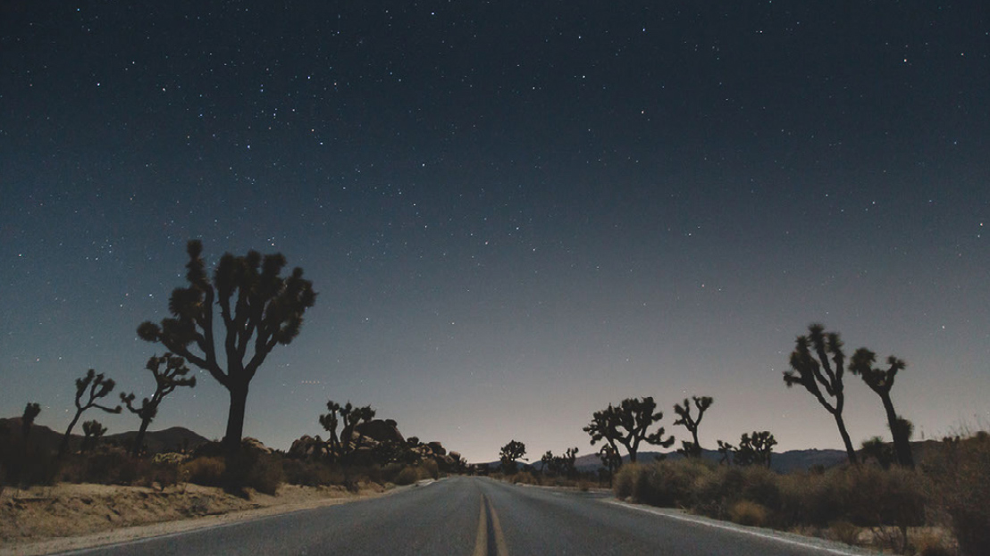 A starry sky above Joshua Tree at dusk; the scenery making it one of the best motorcycle rides. 